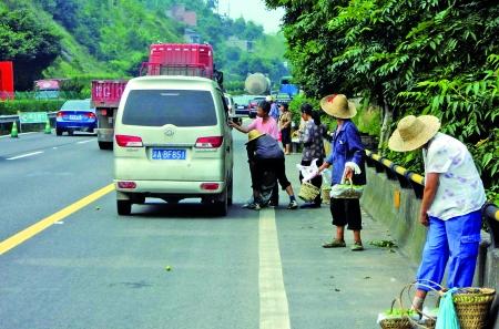 高速路上有人賣水果 駕駛員(yuán)停車(chē)買好危險